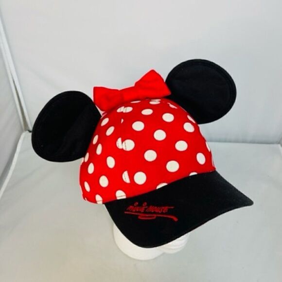 Disney Minnie Mouse Polka Dot Baseball Hat Cap Bow W/ Ears Red Black White Youth - Picture 1 of 7